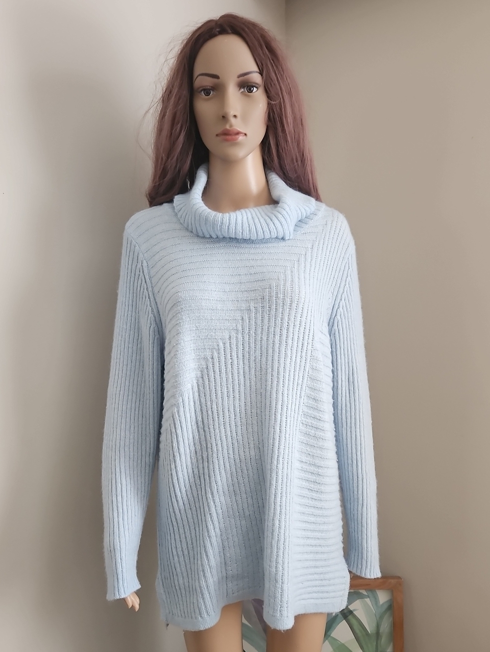 Melanie Lyne Light Blue Turtleneck Ribbed Women's Sweater Soft Chunky Knit